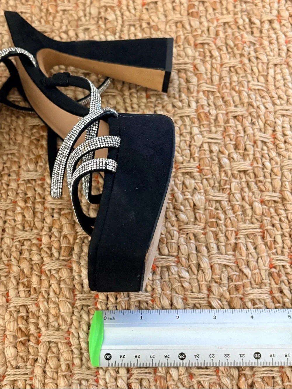 INC International Concepts Black Platform Sandals Silver Rhinestone Straps 9M